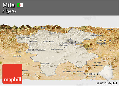 Shaded Relief Panoramic Map of Mila, satellite outside
