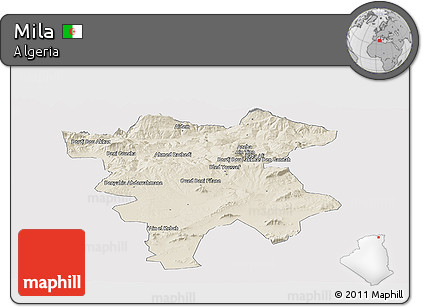 Shaded Relief Panoramic Map of Mila, single color outside