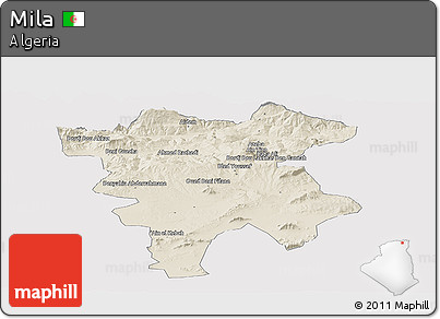 Shaded Relief Panoramic Map of Mila, single color outside