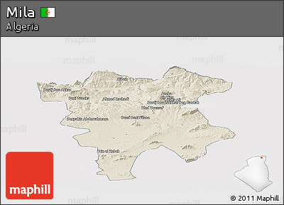 Shaded Relief Panoramic Map of Mila, single color outside