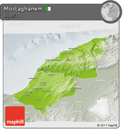 Physical 3D Map of Mostaghanem, lighten, semi-desaturated