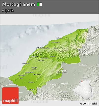 Physical 3D Map of Mostaghanem, lighten, semi-desaturated
