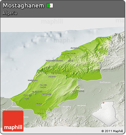 Physical 3D Map of Mostaghanem, lighten, semi-desaturated
