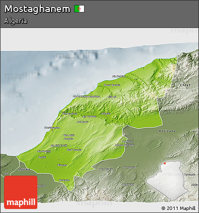 Physical 3D Map of Mostaghanem, semi-desaturated