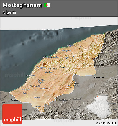Satellite 3D Map of Mostaghanem, darken, semi-desaturated