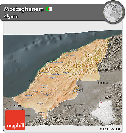 Satellite 3D Map of Mostaghanem, darken, semi-desaturated