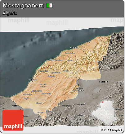 Satellite 3D Map of Mostaghanem, darken, semi-desaturated