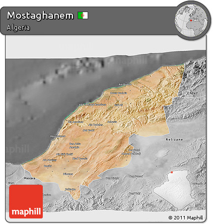 Satellite 3D Map of Mostaghanem, desaturated