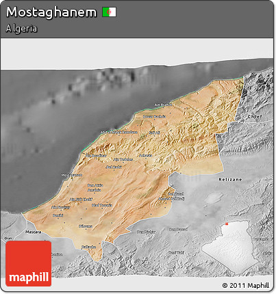 Satellite 3D Map of Mostaghanem, desaturated