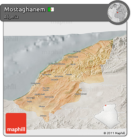 Satellite 3D Map of Mostaghanem, lighten, semi-desaturated