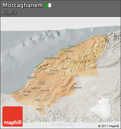 Satellite 3D Map of Mostaghanem, lighten, semi-desaturated