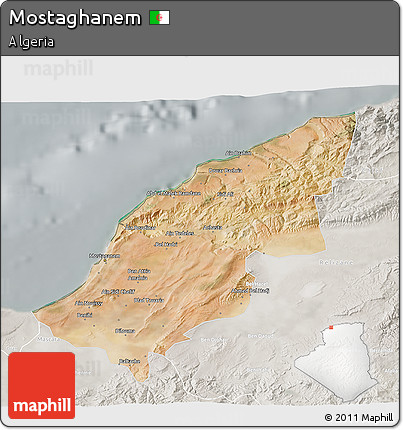 Satellite 3D Map of Mostaghanem, lighten, semi-desaturated