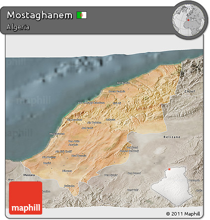Satellite 3D Map of Mostaghanem, semi-desaturated