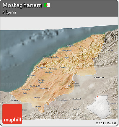 Satellite 3D Map of Mostaghanem, semi-desaturated