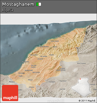 Satellite 3D Map of Mostaghanem, semi-desaturated