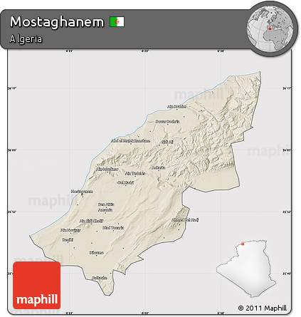 Shaded Relief Map of Mostaghanem, cropped outside