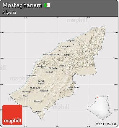 Shaded Relief Map of Mostaghanem, cropped outside