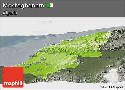 Physical Panoramic Map of Mostaghanem, darken, semi-desaturated