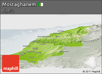 Physical Panoramic Map of Mostaghanem, lighten, semi-desaturated