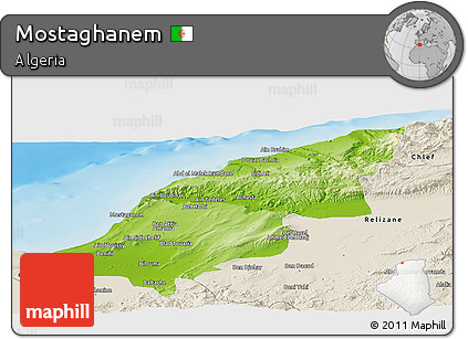 Physical Panoramic Map of Mostaghanem, shaded relief outside