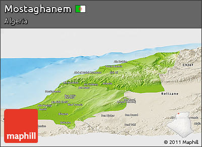 Physical Panoramic Map of Mostaghanem, shaded relief outside