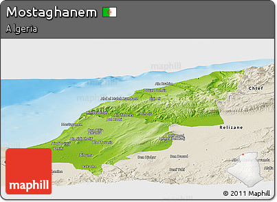 Physical Panoramic Map of Mostaghanem, shaded relief outside