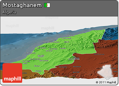 Political Panoramic Map of Mostaghanem, darken