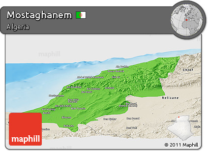 Political Panoramic Map of Mostaghanem, shaded relief outside