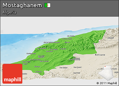 Political Panoramic Map of Mostaghanem, shaded relief outside
