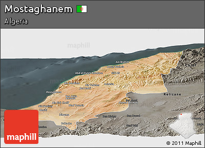 Satellite Panoramic Map of Mostaghanem, darken, semi-desaturated