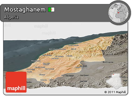 Satellite Panoramic Map of Mostaghanem, darken, semi-desaturated