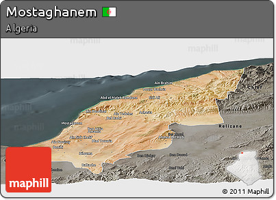 Satellite Panoramic Map of Mostaghanem, darken, semi-desaturated