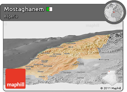Satellite Panoramic Map of Mostaghanem, desaturated