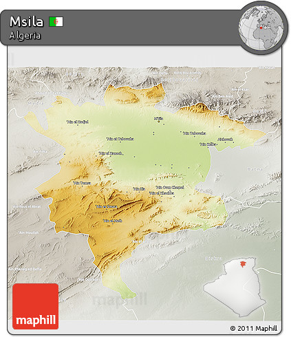 Physical 3D Map of Msila, lighten, semi-desaturated