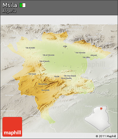 Physical 3D Map of Msila, lighten, semi-desaturated