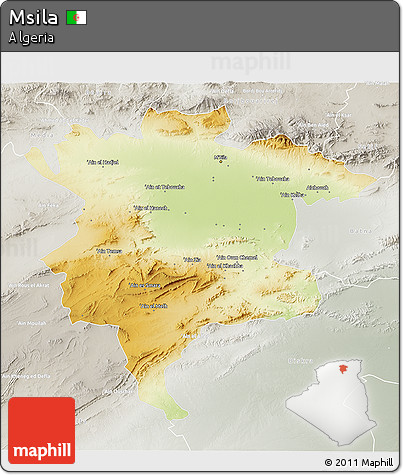 Physical 3D Map of Msila, lighten, semi-desaturated
