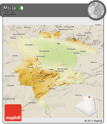 Physical 3D Map of Msila, shaded relief outside