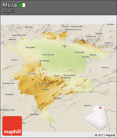 Physical 3D Map of Msila, shaded relief outside