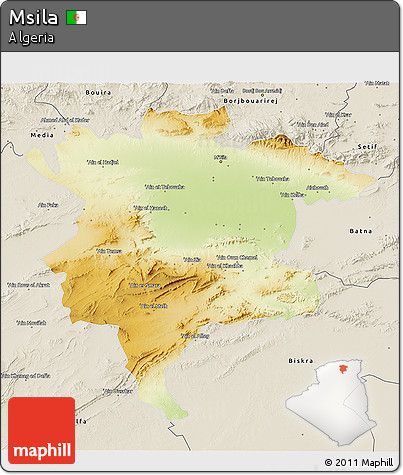 Physical 3D Map of Msila, shaded relief outside