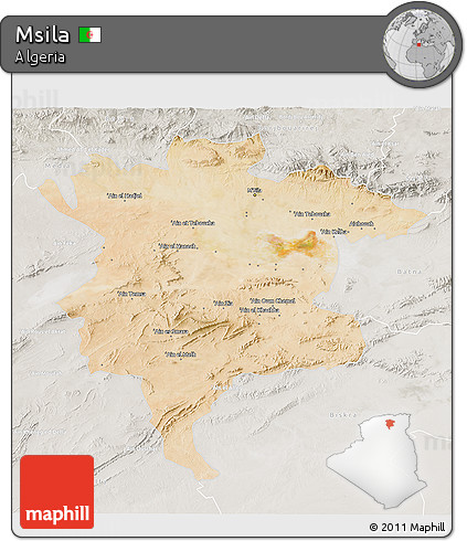 Satellite 3D Map of Msila, lighten, semi-desaturated