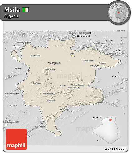 Shaded Relief 3D Map of Msila, desaturated