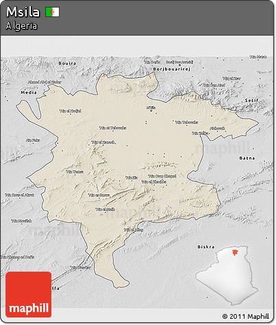 Shaded Relief 3D Map of Msila, desaturated