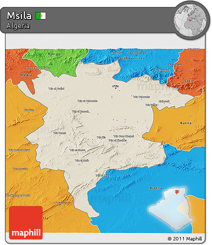 Shaded Relief 3D Map of Msila, political outside