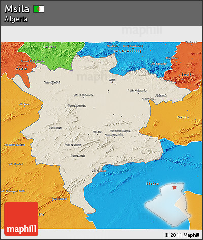 Shaded Relief 3D Map of Msila, political outside