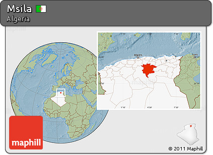 Savanna Style Location Map of Msila, highlighted country, hill shading