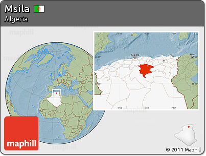 Savanna Style Location Map of Msila, highlighted country, hill shading