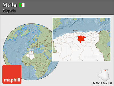 Savanna Style Location Map of Msila, highlighted country, hill shading