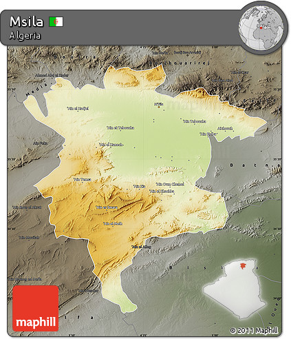 Physical Map of Msila, darken, semi-desaturated