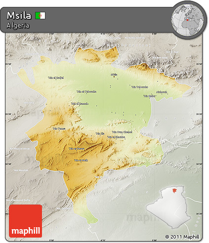 Physical Map of Msila, lighten, semi-desaturated