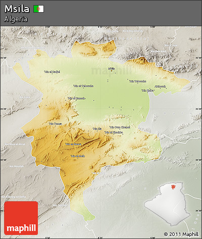 Physical Map of Msila, lighten, semi-desaturated